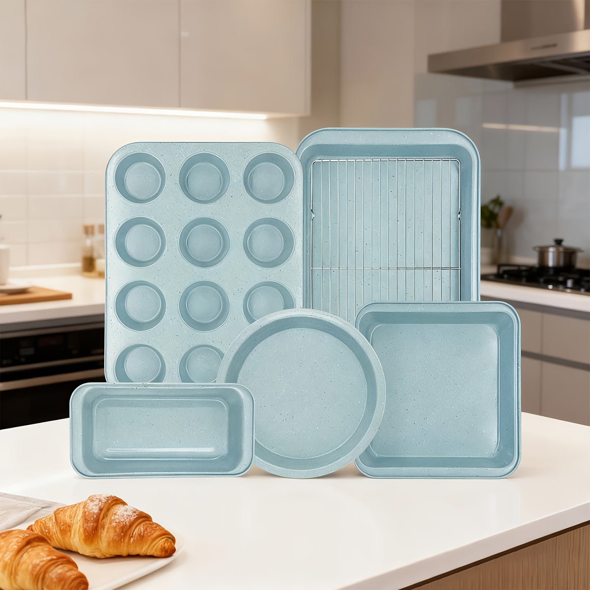 2/6/7/8/12/16/18pcs Nonstick Baking Pans Set Kitchen Baking Sheets Oven Bakeware Sets Round/Square Cake Pan Muffin Pan, Loaf Pan, Roast Pan, Cookie Sheet Baking Supplies Grey Measuring Spoon Scraper Rack Whisks Bread Bag Muffin Cups Spatulas