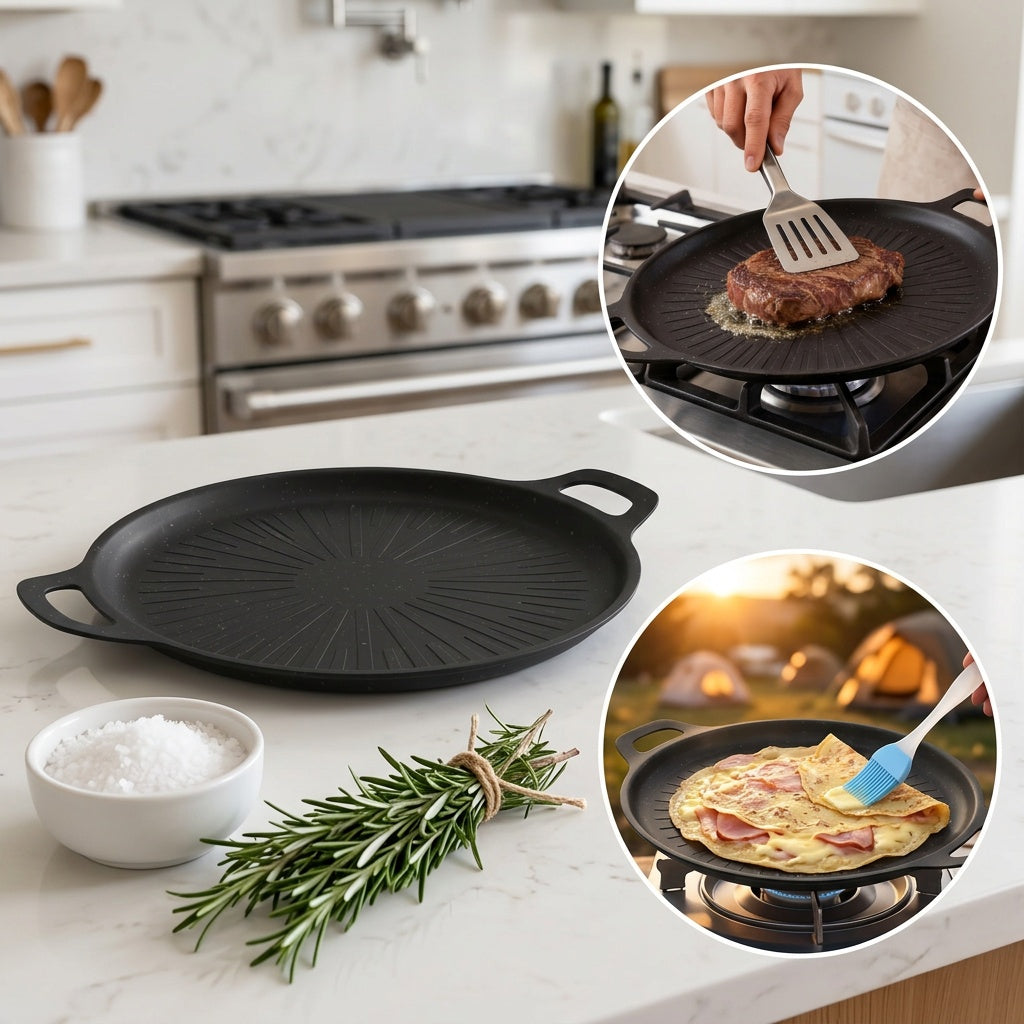 Nonstick Grill Pan with Oill Brush, Griddle Pan with Oil Drain Groove Even Heating, for Grilling And Sauce Locking- Pizza, Eggs, Grilling, Crepes, Easy Clean, Portable Frying Pan for Camping Cookware, Family Gatherings & Restaurant Use