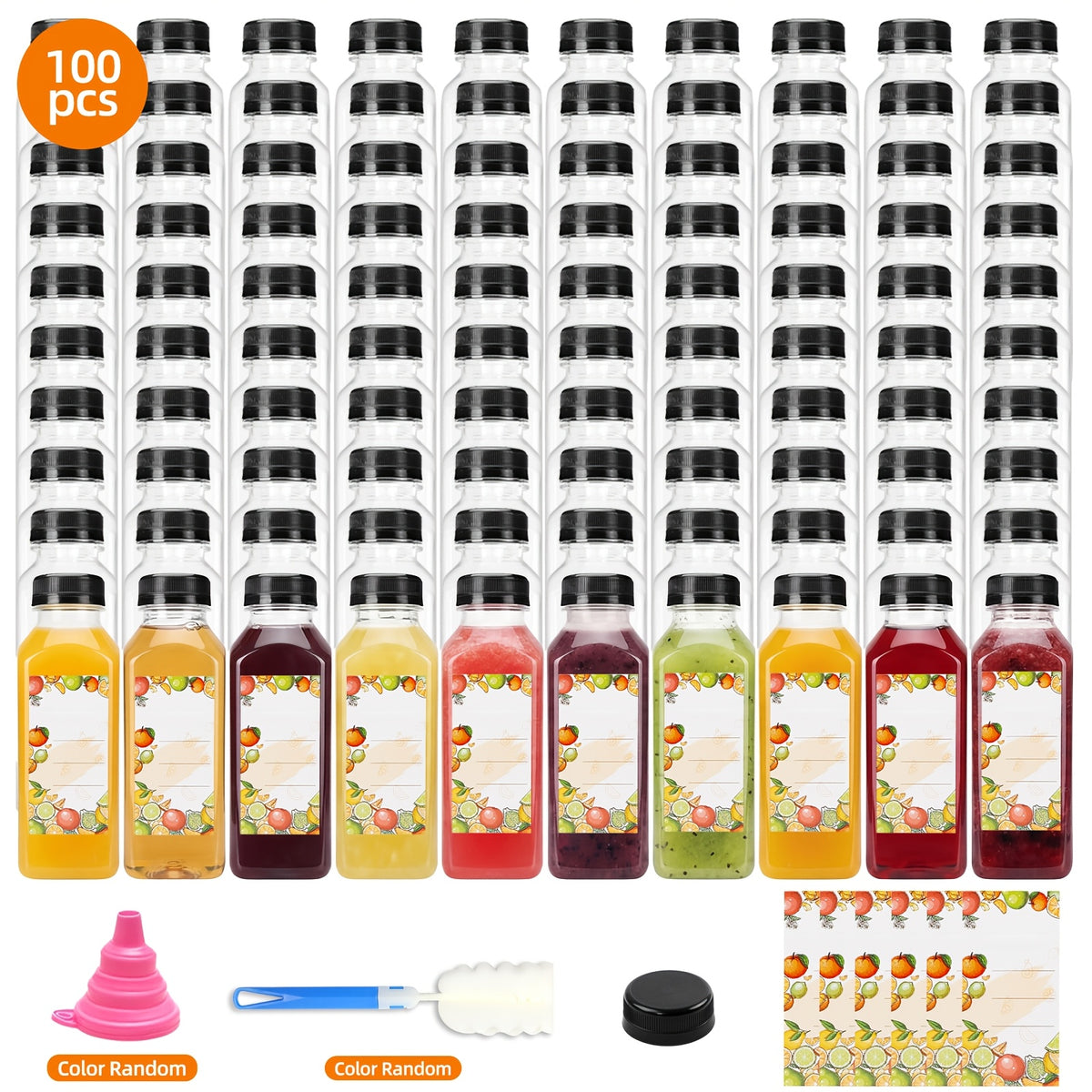 20pcs/36pcs/56pcs/100pcs Juice Bottles, 12/16oz Plastic Bottles With Lids, Reusable Clear Containers For Juice, Smoothies, Cola, Water And Other Beverages, Summer. Funnel & Brush (Color Random).