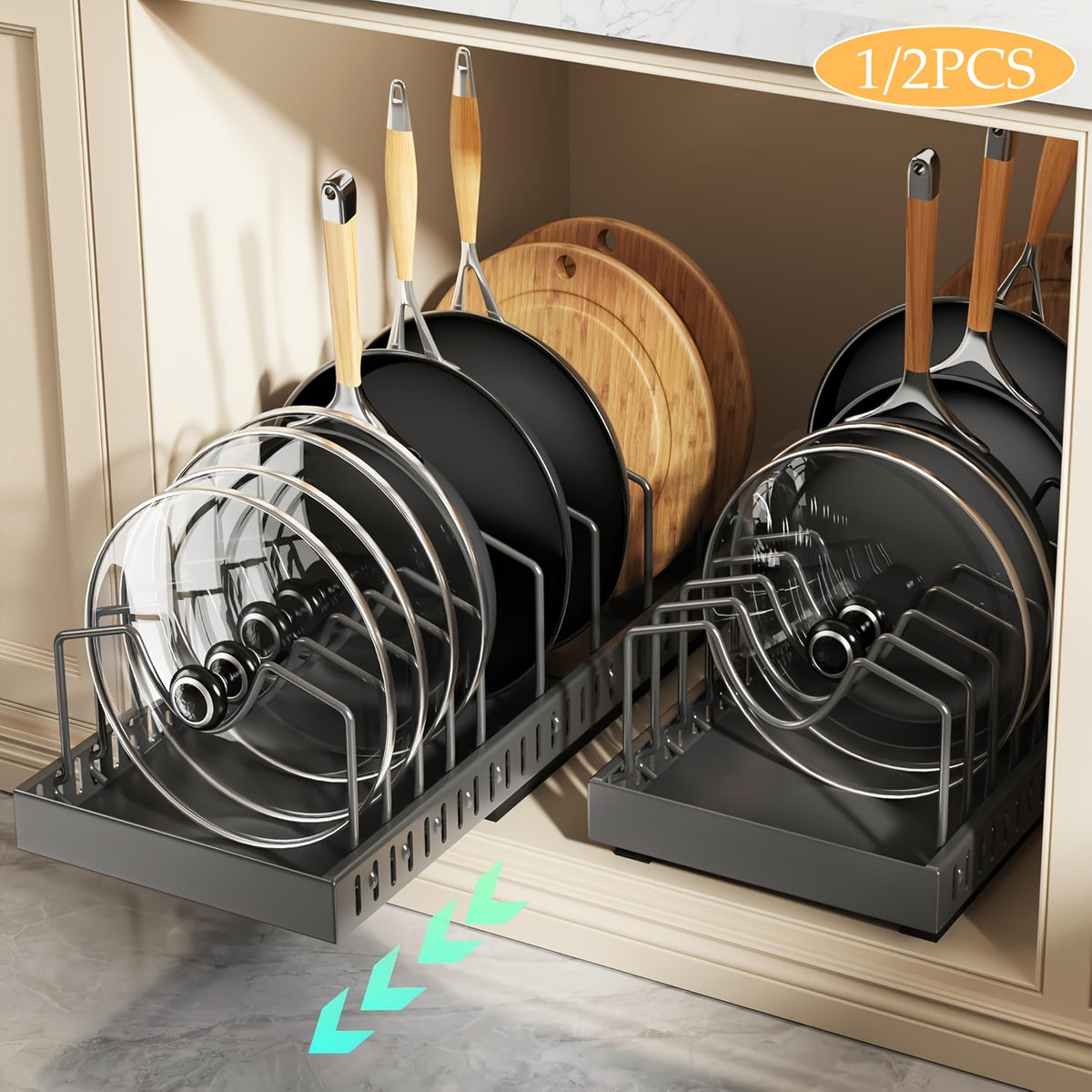 1/2pcs Pull-Out Pot And Pan Storage Box For Cabinets, Kitchen Sliding Lid Rack And Pan Holder, Cabinet Sliding Storage Box For Storing Lids, Baking Tools, And Plates, 8/16 Adjustable Dividers, Kitchen Decor And Accessories.