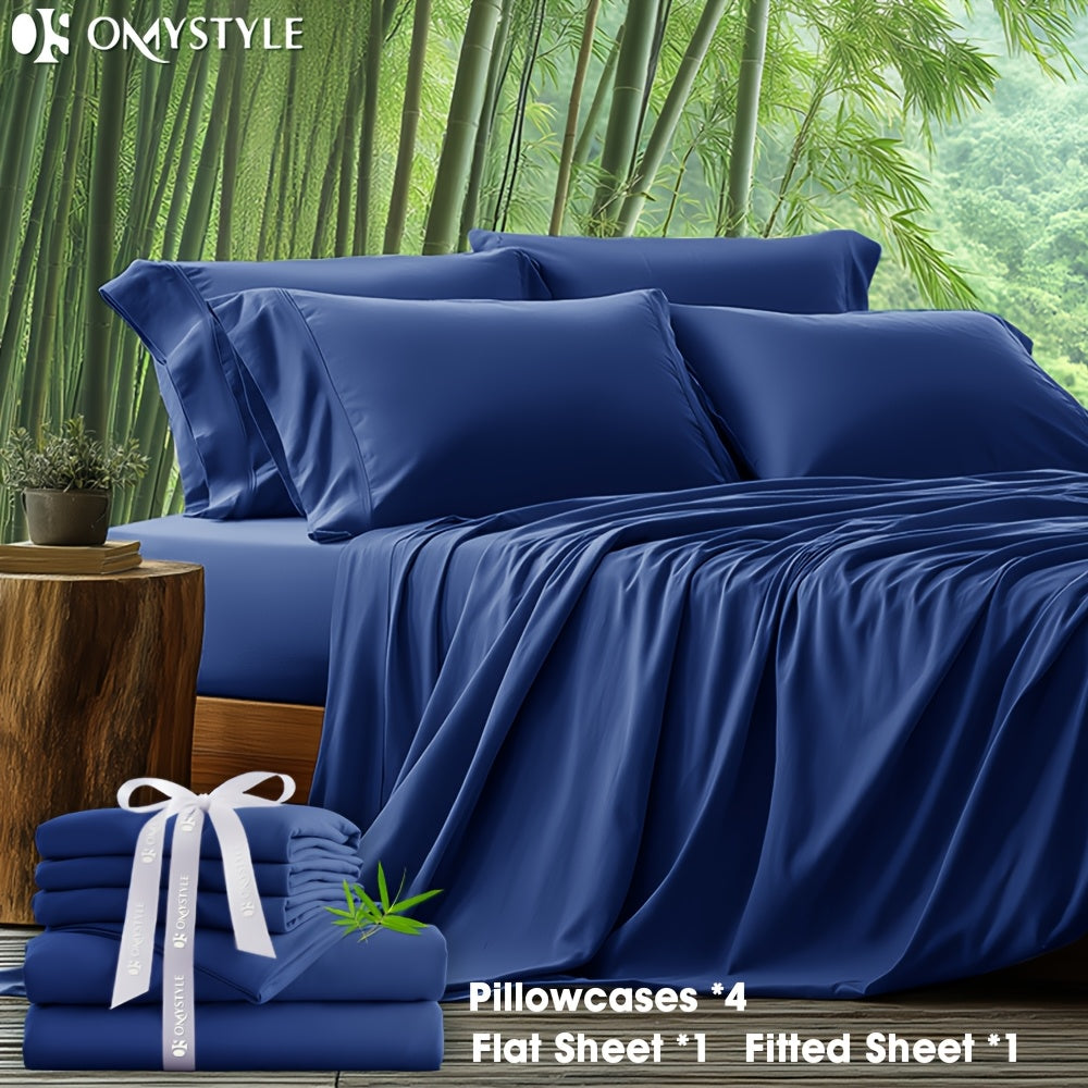 6pcs Bamboo Blend Bed Sheet Set-Flat Sheet, Fitted Sheet And 4 Pillowcases, Luxury Breathable Sheet Set, Ultra Soft Sheet for Hot Sleepers, Deep Pocket, King/Queen/Full/Twin