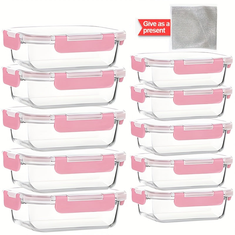 Glass Meal Prep Storage Containers, Set of 10 with Airtight Locking Lids for Work Lunches, Leftovers, Refrigerator and Pantry Organization