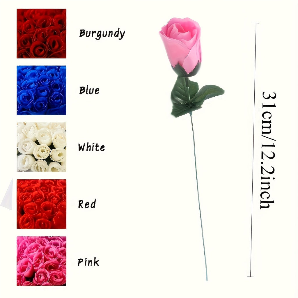 Artificial Plastic Rose Flowers, 32-Piece Mixed Color Set with 8 Red White Yellow and Blue Roses Each for Porch, Balcony, Courtyard and Indoor Decor