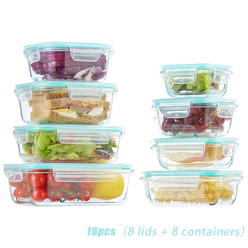16pcs Sealed Glass Food Storage Containers, Lunch Boxes, Microwave Ovens, Ovens - Perfect For Salads, Fruits, Vegetables, And Sandwiches, Lunch Boxes | Sealed Storage | Durable Glass, Food Storage Containers (8 Lids+8 Containers)
