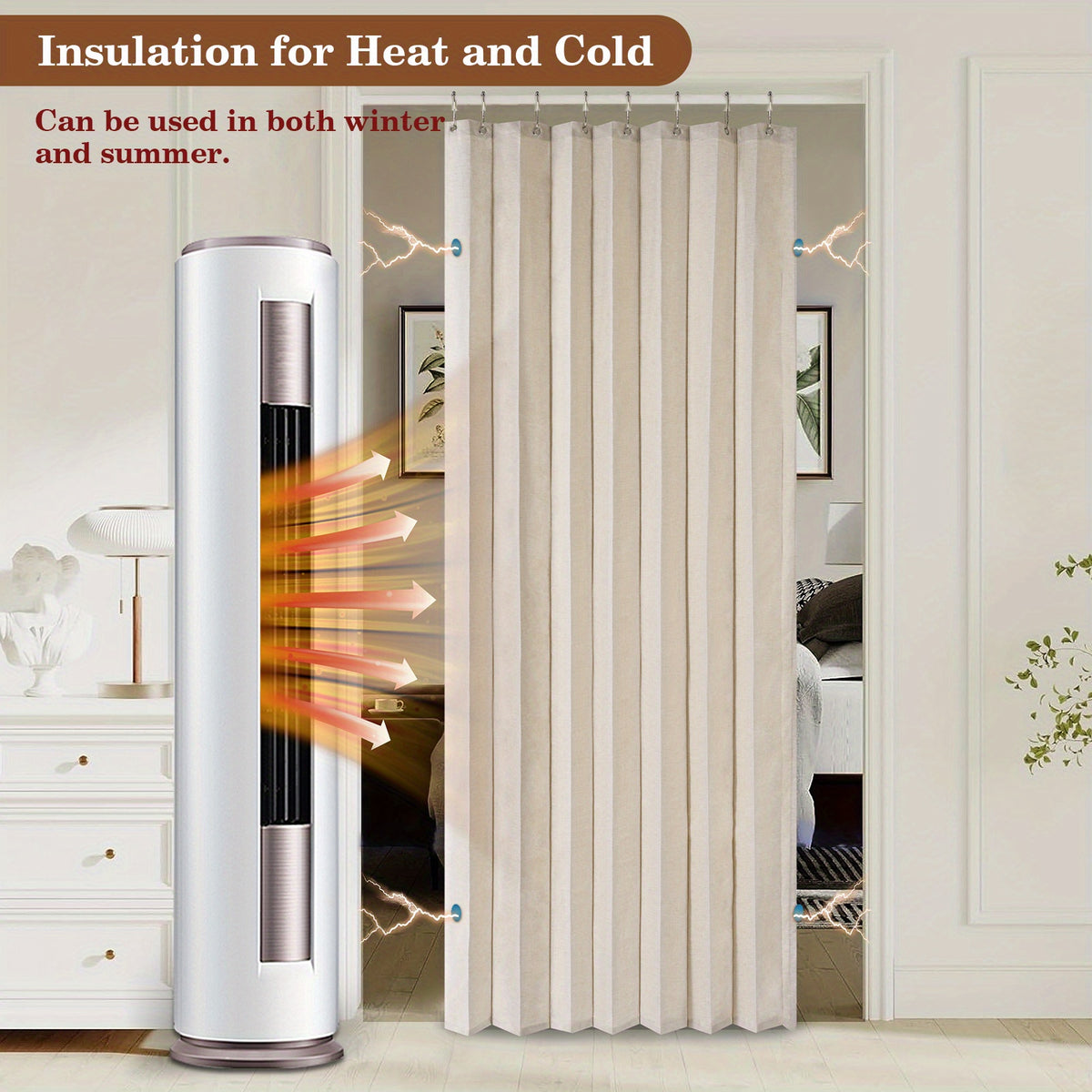 1pc Foldable Door Curtain, No-Rods Partition Privacy Waterproof, with Hook Attachment And Binding, All Season Available Bathroom