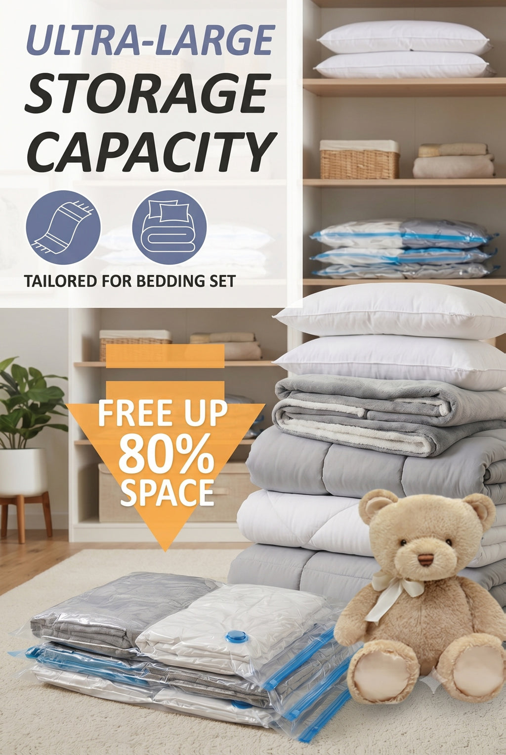 Jumbo Vacuum Storage Bags, Vacuum Seal Bags for Clothing, Travel Space Saver Bags for Luggage Clothes Pillows Comforters Blankets Bedding 4pcs 8pcs 10pcs 12pcs 20pcs 30pcs