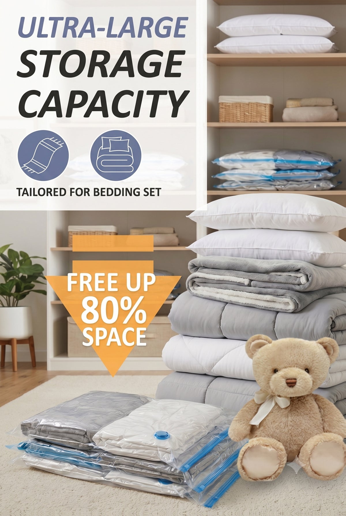 Jumbo Vacuum Storage Bags, Vacuum Seal Bags for Clothing, Travel Space Saver Bags for Luggage Clothes Pillows Comforters Blankets Bedding 4pcs 8pcs 10pcs 12pcs 20pcs 30pcs