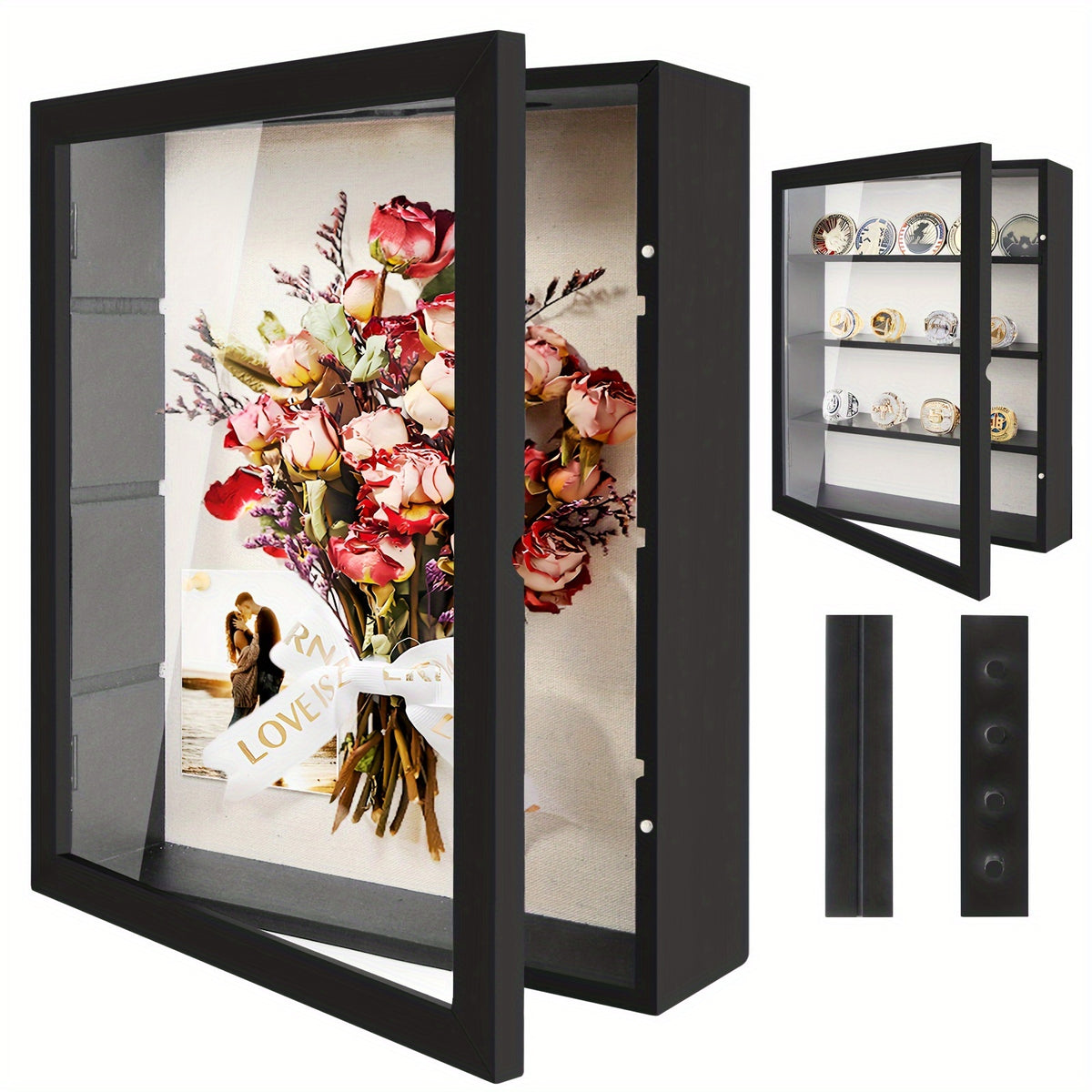 11X14/12X16 Shadow Box Frame with Linen Back - Large Rustic Memory Display Case for Flowers, Pictures, Championship Rings, Medals, Coins, Pins Collection And More, Including 4 Removable Shelves