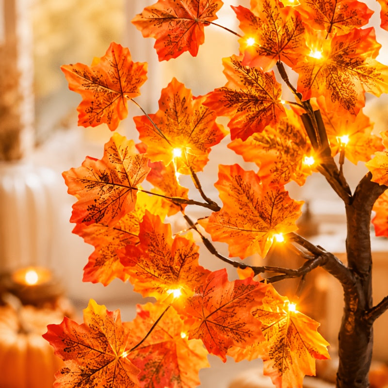 2pcs Thanksgiving & Autumn Table Lamps, 21.26 Inch Tree Lights Decorated with Fall Maple Leaves, Artificial Decor Trees with 24 Battery-Powered LEDs, Ideal for Indoor Spaces, Home Rooms, Balconies, Holiday Events And Halloween Parties