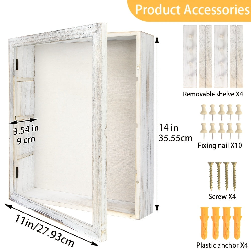 11X14/12X16 Shadow Box Frame with Linen Back - Large Rustic Memory Display Case for Flowers, Pictures, Championship Rings, Medals, Coins, Pins Collection And More, Including 4 Removable Shelves