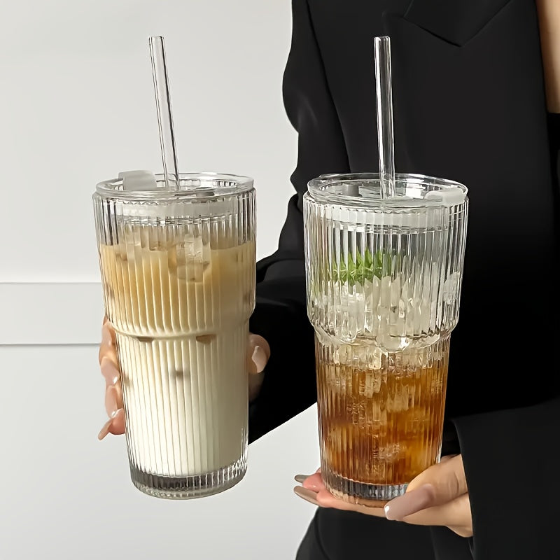 2/4pcs Vintage Striped Glasses, Glasses With Glass Straws, 19 Oz Coffee Mugs, Thickened High Borosilicate Material Glasses, Perfect For Iced Coffee, Juice, Drinks, Family And Parties