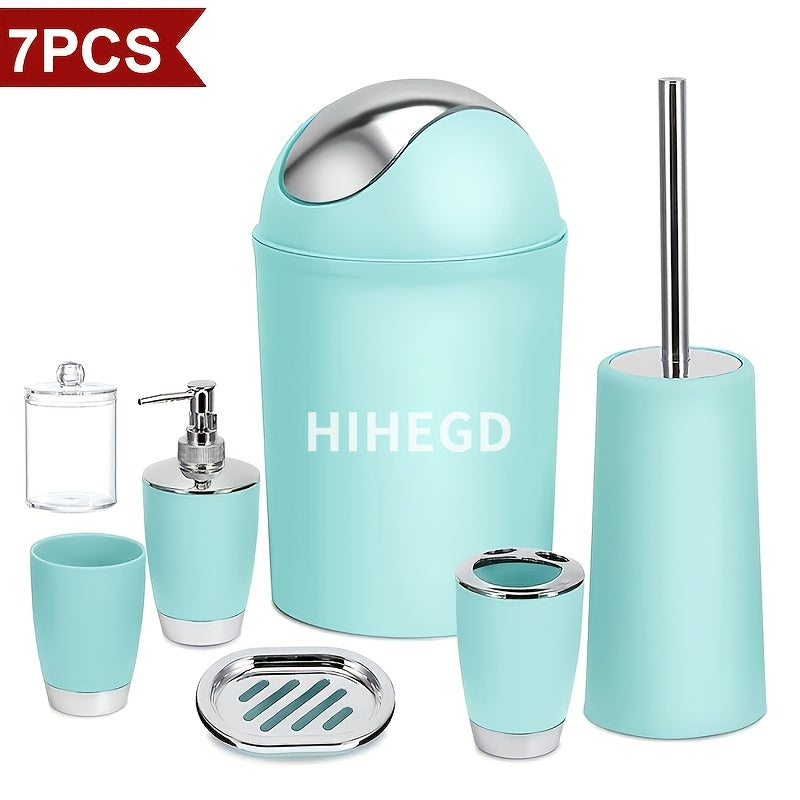7pcs Luxury Bathroom Accessory Set - Premium Quality, Modern Style - Complete with Trash Can, Toilet Brush, Lotion Dispenser, Soap Dish, Mouthwash Cup & Toothbrush Holder - Space-Saving, Easy to Clean, Ideal for Bathroom Decor And Housewarming Gifts