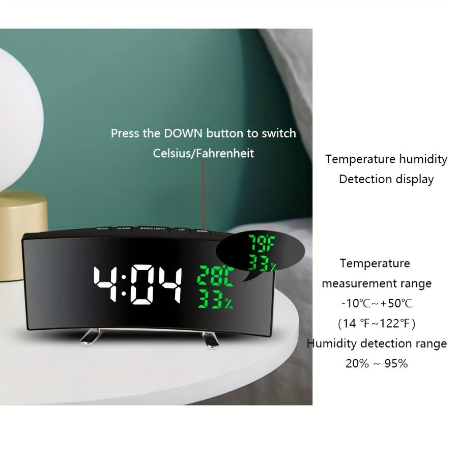 1pc 6.6-Inch Multifunctional LED Alarm Clock with Curved Large Screen Display - Desk Clock Can Show Time, Temperature, and Humidity, Plug-In Use/ Three-Section Seven Battery (Only Battery Use Screen Will Automatically Turn Off)
