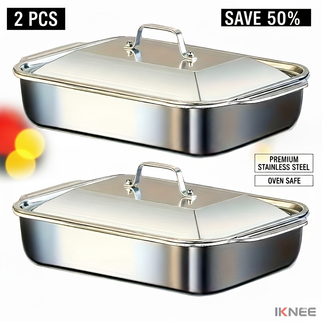 2pcs Stainless Steel Rectangular Baking Pans with Steel Lids - 6-liter Large Capacity, 16.14-inch Deep Baking Pan, Fish Pan, Grill Pan, Lasagna Pan, Chicken, Dishwasher Safe, Men's Gift, Father's Day
