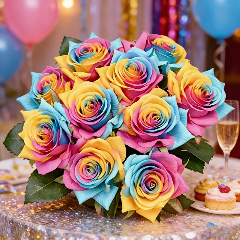 Artificial Rainbow Rose 10 Stems Flowers with Bendable Plastic Stems for Wedding Centerpieces Home Decor Gifts 13. 5 Inch
