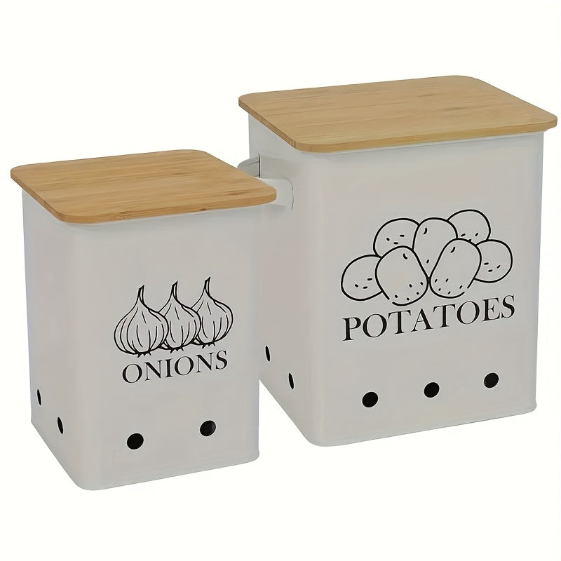 Kitchen Storage Canister, Potato Onion Storage Bin With Aerating Tin Storage Holes & Wooden Lid, Kitchen Organizers For Onion, Potato, Fruit, Black