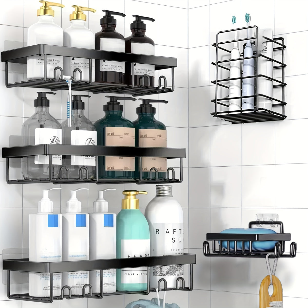 Shower Caddy, 5 Pack Shower Organizer Rack for Inside Shower, Self Adhesived Shower Shelf Large Capacity Rustproof Stainless Steel Bathroom Wall Storage Shower Basket, Random Color Properties to Choose, Shower Caddies