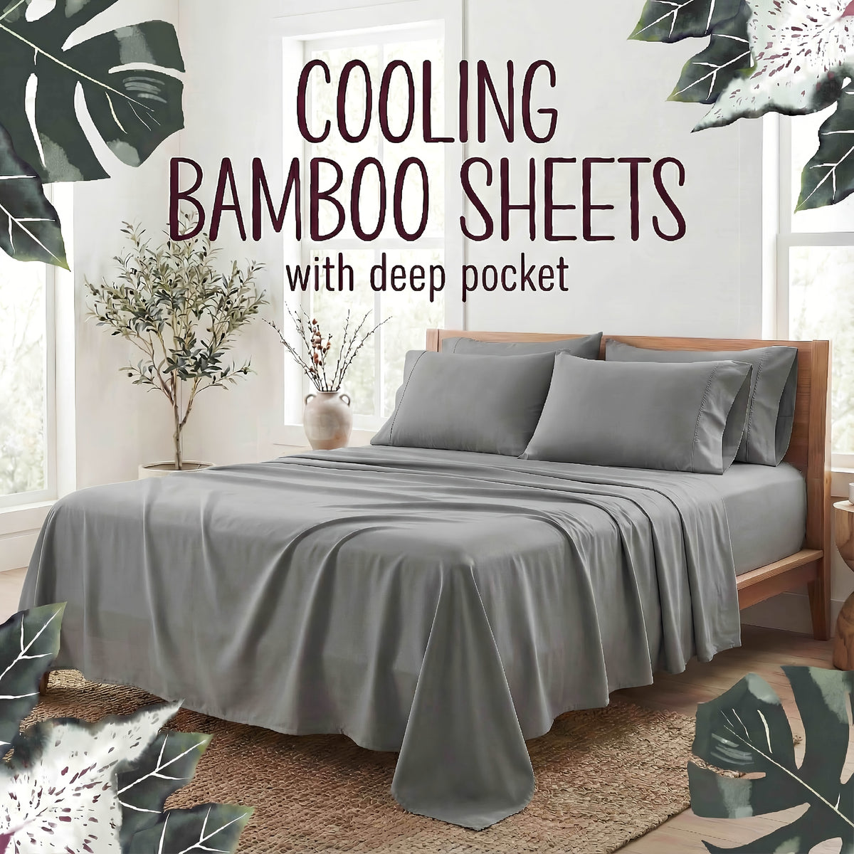 4-Piece Bamboo Fiber Bedding - Hypoallergenic and Temperature-Regulating, Suitable for All Seasons to Care for Deep Sleepers, Luxurious Bedding with Deep Pockets, Wrinkle-Resistant and No Ironing Needed, Great for Room and Bedroom Decor