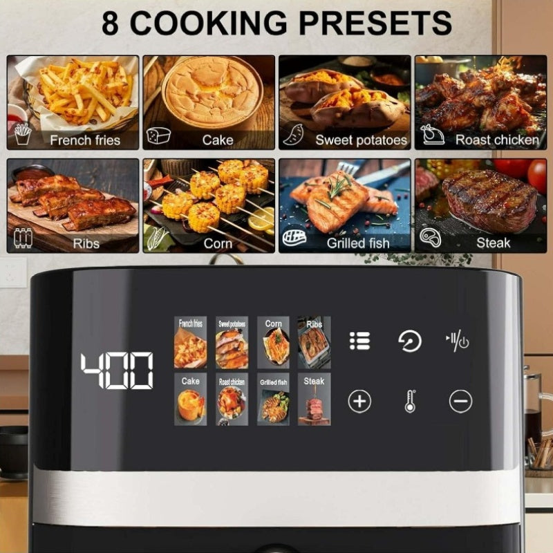 6-Quart Air Fryer - 8-in-1 Electric Hot Air Oven with LED Touchscreen, Non-stick Fry Basket, And 1350-watt Power. This Large-capacity Air Fryer Features 360° Hot Air Circulation, A Clear Touchscreen, And Integrated Heat-insulated Handles. Black.