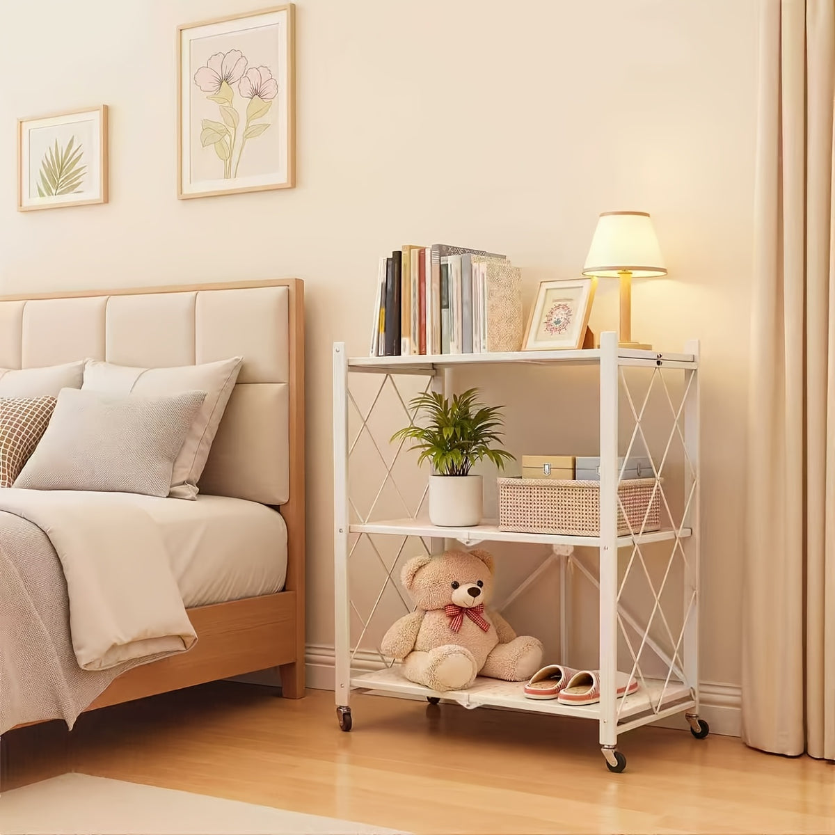 3/4/5-Tier Portable Multifunctional Storage Rack, Floor-Standing Storage Rack with Lockable Wheels, Space-Saving, No Assembly, Foldable Storage Shelf with Durable Carbon Steel Frame for Bedroom, Balcony, Garden, Standing Shelf