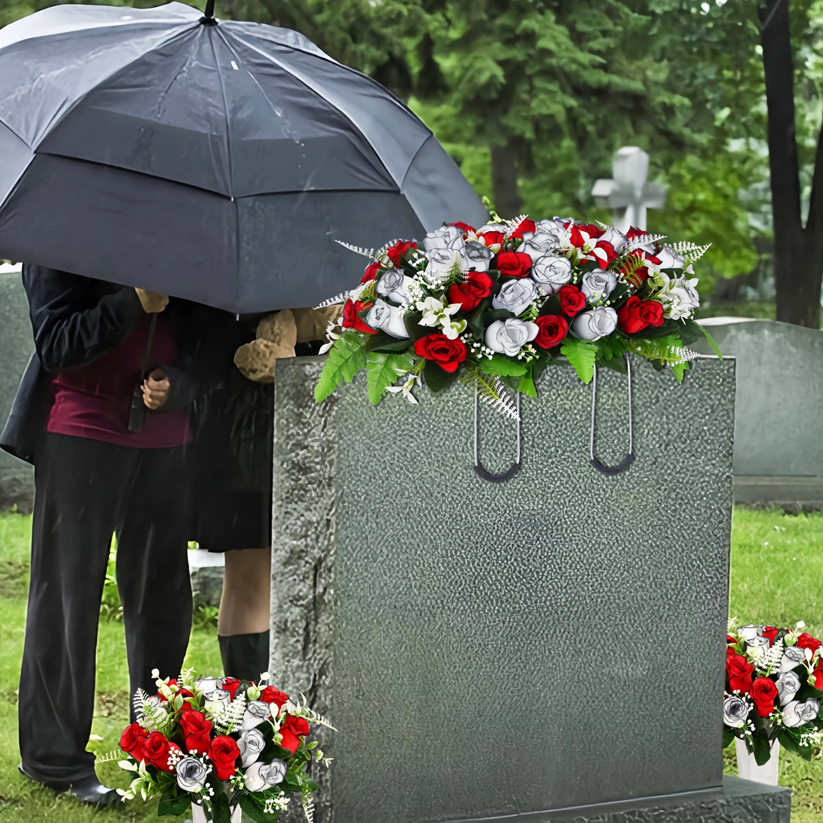 1/3pcs Artificial Cemetery Flowers for Graves with Saddles, Artificial Silkyy Rose Flowers And Bouquets with Vases, Headstone Flower Saddle, Memorial Day Flowers for Cemetery, Outdoor Grave Headstone Decoration