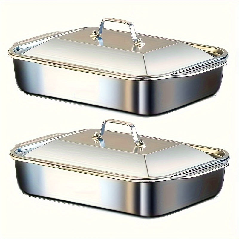 2pcs Stainless Steel Rectangular Baking Pans with Steel Lids - 6-liter Large Capacity, 16.14-inch Deep Baking Pan, Fish Pan, Grill Pan, Lasagna Pan, Chicken, Dishwasher Safe, Men's Gift, Father's Day