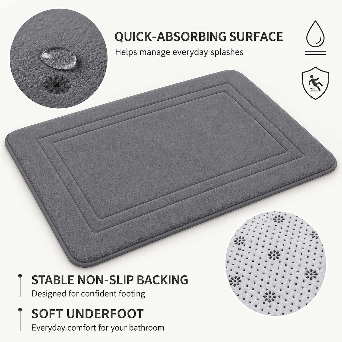 3pcs 25D Sponge Bath Mats - Super Absorbent Non-Slip Shower Rugs, Thick Soft Bath Tub Floor Mat Suitable for Bathtub, Shower, Bathroom - Heavy Foot Traffic Areas, &, Modern Bathroom Decor ()