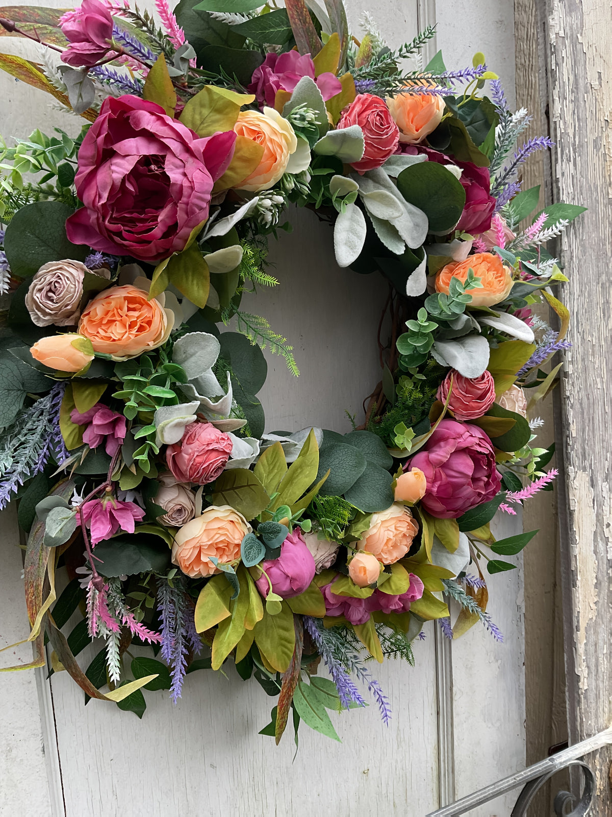 Elegant Peony & Roses Wreath with Pink, Purple, Peach, & Green Foliage - Durable Plastic Farmhouse Door Decoration for Spring Summer Home Decor, Contemporary Floral Wreath with Lush Foliage & Pastel Hues, Easy to Install with Adhesive/Screws, All-Season I