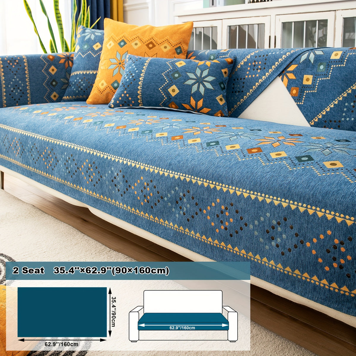 1pc Bohemian Chenille Sofa Cover Suitable for Sofa Sizes (Single to Four-Seater) - Thick Plush Non-Slip Couch Cover with Geometric Embroidery, Chenier Fabric Slipcover Fits for Sectional Sofas, Machine Washable Furniture