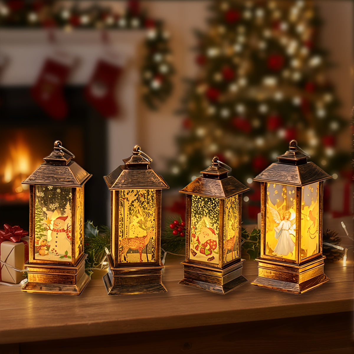 4pcs Set of Festive Christmas Mini Lanterns with Candle Effect Fairy Tale Creators-Santa Claus, Snowman, Reindeer, And Angel, Indoor Decoration, Dry Cell Battery Powered, The Perfect Choice for Festive Home Decoration And Christmas Decorations