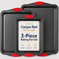 Rimmed Baking Sheet Set, 3-Piece Nonstick Carbon Steel Oven Pans with Detachable Canyon Red Silicone Handles for Cookies, Pizza and Cake Baking