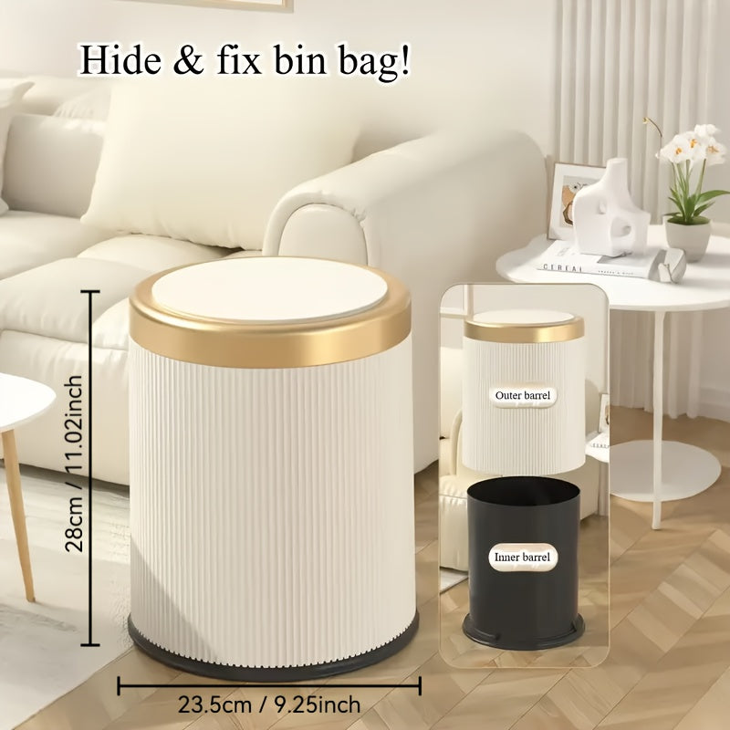 1pc 3.17gal Luxury Large Capacity Push-Lid Trash Can, Dual Inner Buckets, Bathroom Trash Can, Odor-Sealing Oval Garbage Bin, Modern Plastic Waste Container for Kitchen, Bedroom, Living Room, Bathroom. Gifts for Labor Day, Halloween, And Christmas
