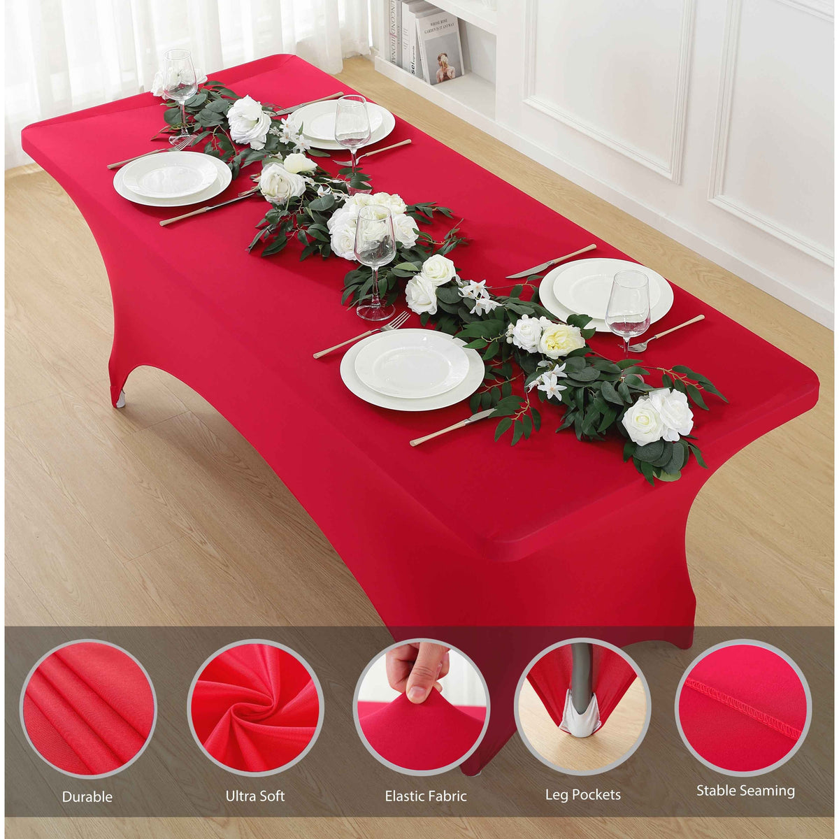 1pcs 4ft/6ft/8ft Spandex Tablecloth, Fitted tablecloth, Wrinkle Resistant Stretchable Rectangle Table Cover For Event, Wedding & Parties