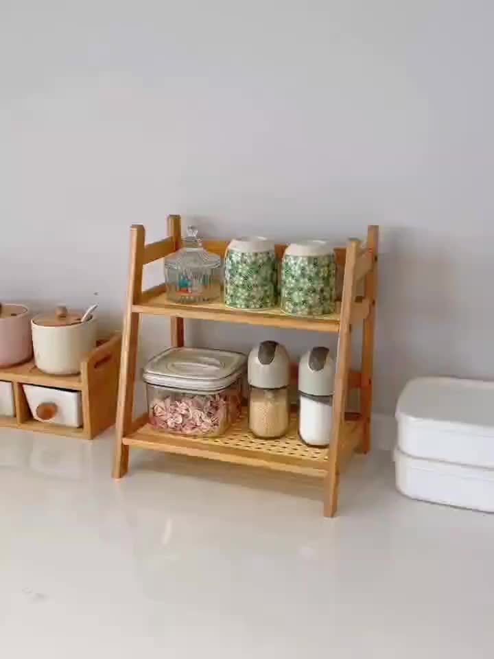 Bamboo Countertop Shelf Organizer, 2-Tier Trapezoid Storage Rack with Plastic Rattan Shelves for Coffee Mugs, Kitchen Essentials, Desks and Dorm Rooms