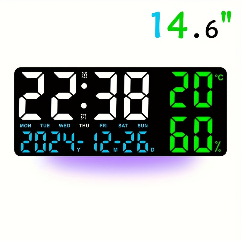 14.6"/9.5" LED Digital Alarm Clock - Large Display Desk & Wall Clock with Date, Week, Temp, Auto Brightness Dimmer, Remote Controll, Modern Clock for Home & Office Decor, Great Father's Day Gift for Dad, Seniors & Elderly
