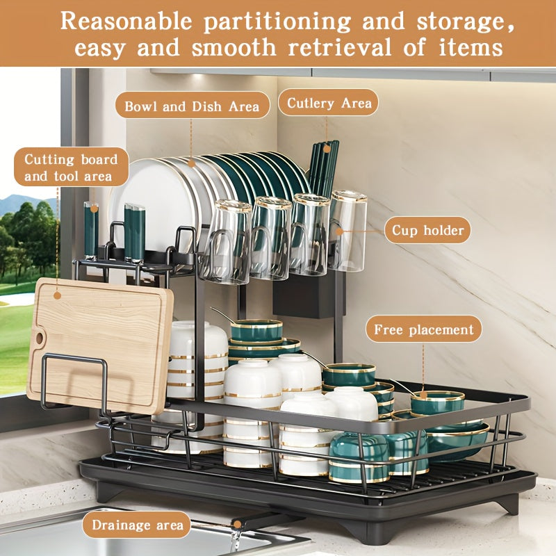 2-Tier Metal Dish Drying Rack, Suitable for Types of Countertops. Space-saving and Durable, Comes with Cutlery Holder, Cup Holder, and Rust-proof Drip Tray. Helps Your Kitchen Neat and Organized.