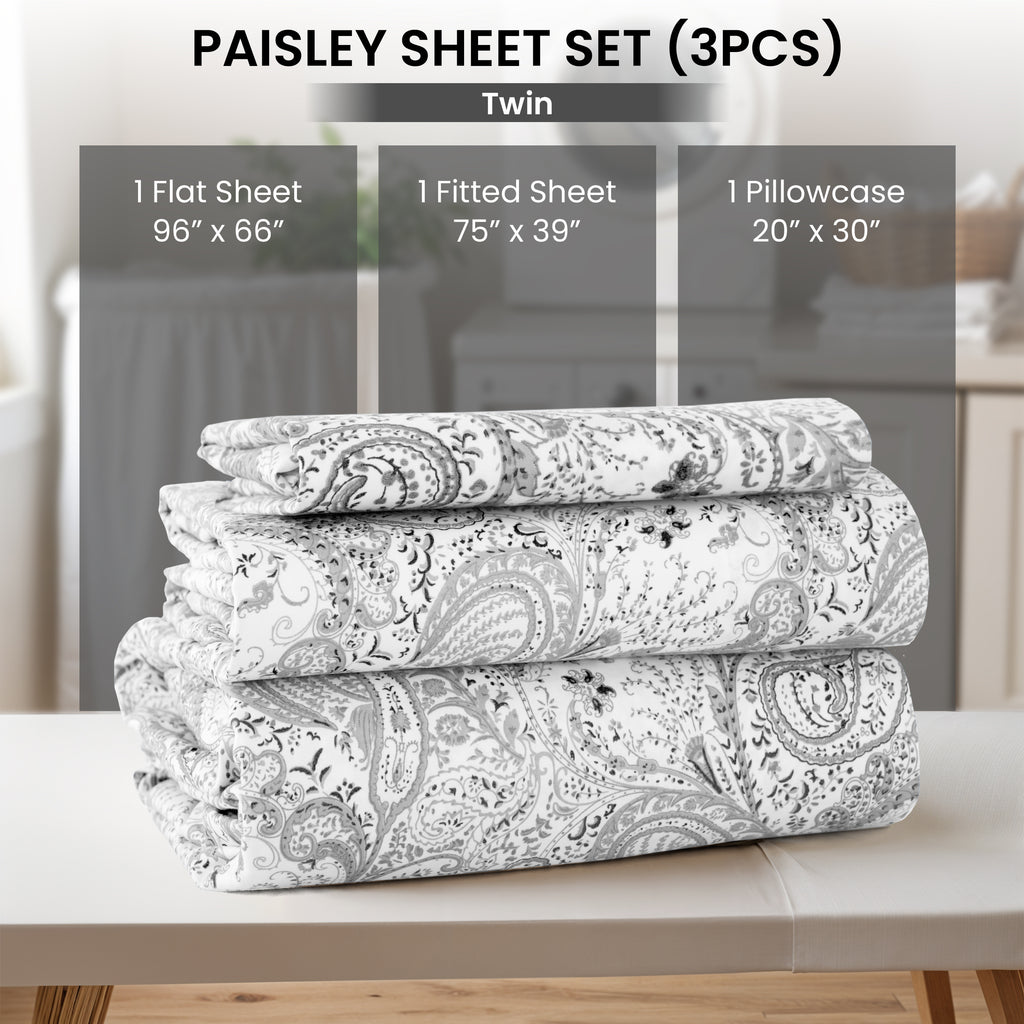 Paisley Bed Sheet Set, Soft Double Brushed Microfiber Bedding with 16-Inch Deep Pocket Fitted Sheet and Pillowcases in Six Sizes for Bedroom Comfort