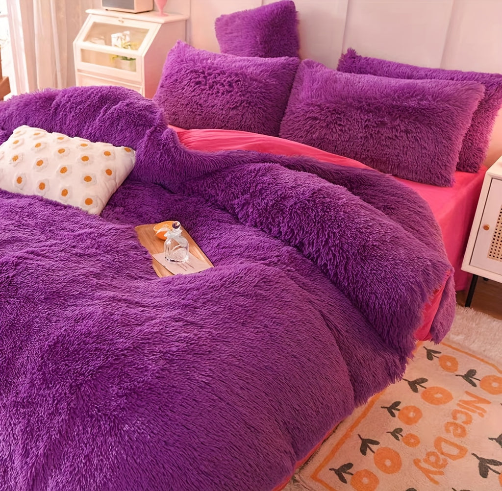 4pcs Fluffy Comforter Cover Set Queen King, Soft Plush Duvet Cover Set with Pillow Shams, All Season Cozy Bedding, No Insert