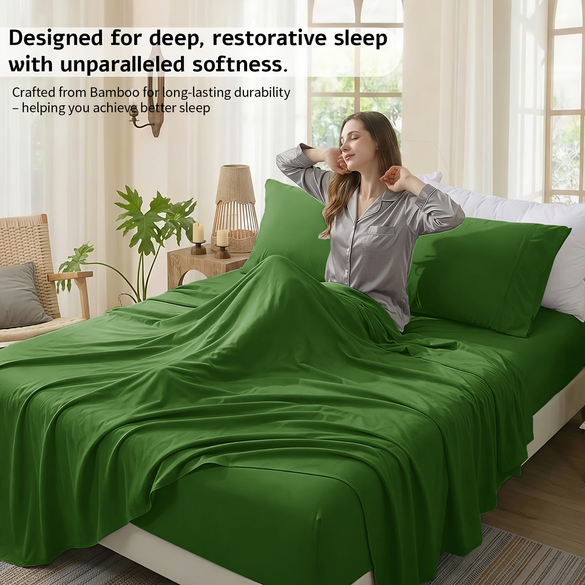 6pcs Luxury Bamboo Cooling Bed Sheet Sets - Viscose Derived From Bamboo Sheets Queen/King Size - Luxuriously Ultra Soft & Breathable Bedding Sheet Set - Deep Pocket Fitted Sheet with Bamboo Texture, Wrinkle-Resistant Soft Sheets