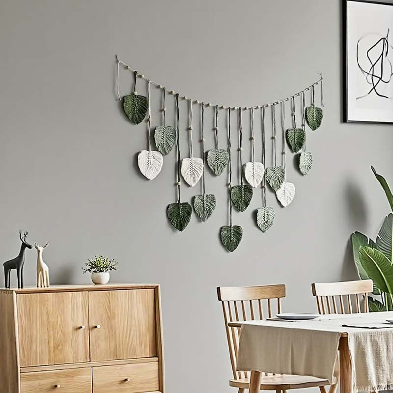 1 Bohemian-style Leaf Feather Wall Hanging - Modern Color-blocked Green, White, and Beige Interwoven Tapestry, Elegant Textured Home Wall Decor, Ideal Mother's Day Gift, the Perfect Bohemian-style Soft Accent Piece
