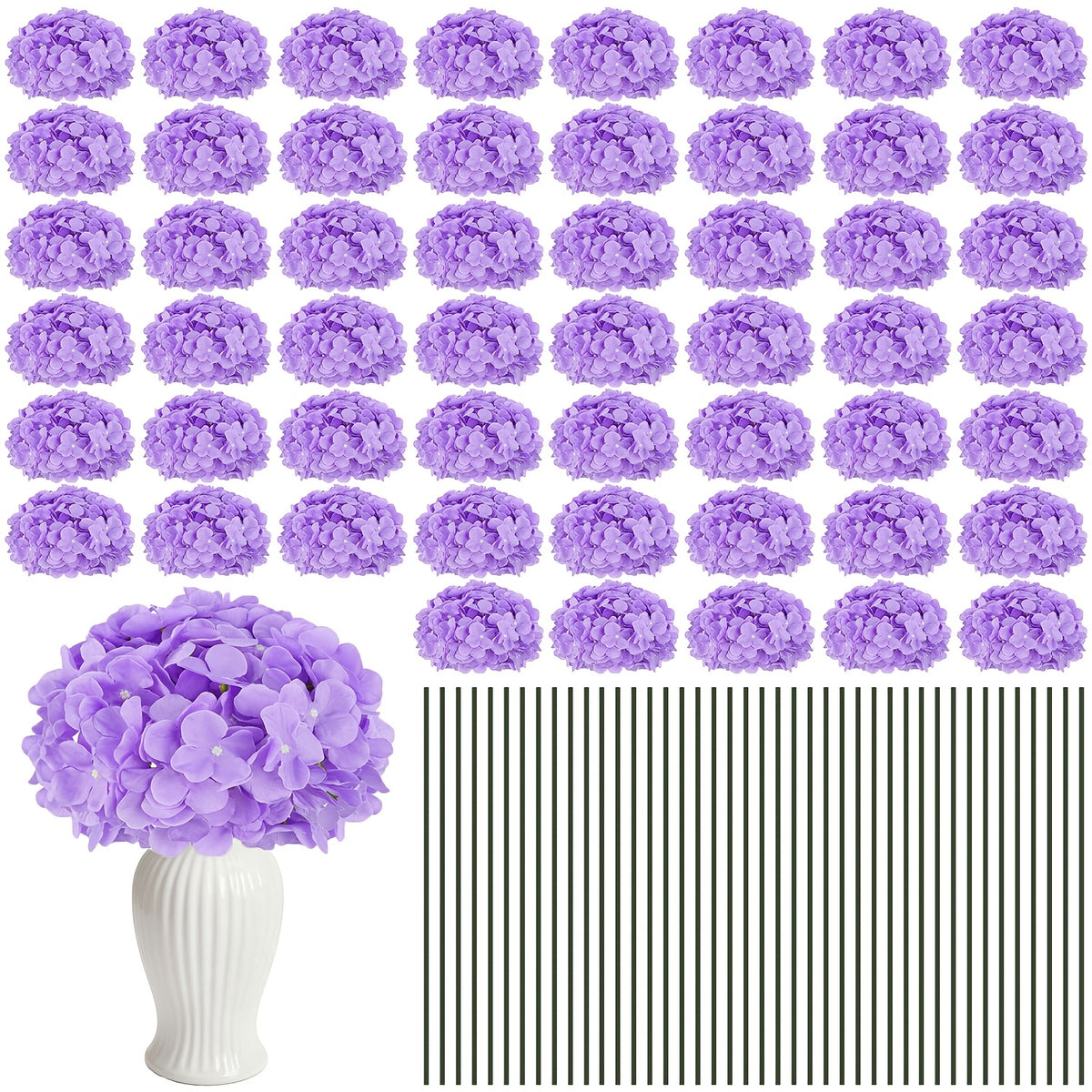Set of 24 Synthetic Hydrangea Blooms with Stems, Ideal for Wedding Decorations, Home Parties, Baby Showers, And Store Displays. These Floral Arrangements Are Long-Lasting And Can Be Reused, Available in White, Orange, Blue, Dreamy Purple, Champagne