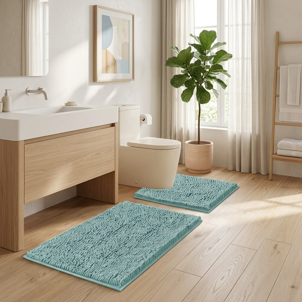 AIERJIA Original Shaggy Chenille 2pcs Bath Rug Set, Featuring a 20X20 Square U-Shaped Contoured Toilet Mat And a 32X20 Carpet Rug, Both Machine Washable And Dryable, Offering Soft And Plush for Your Tub Shower in Eggshell Blue
