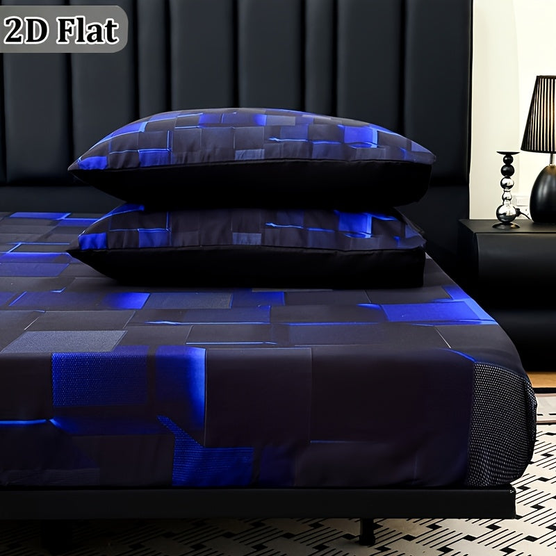 2D Flat 3pcs Cool Technology Digital Printing Material Plaid Fitted Sheet(1pc Bed Sheet+2pcs Pillowcase No Filling)Deep Pocket In 15 Inch At Home Dormitory Suitable for All Seasons Mattress Protector