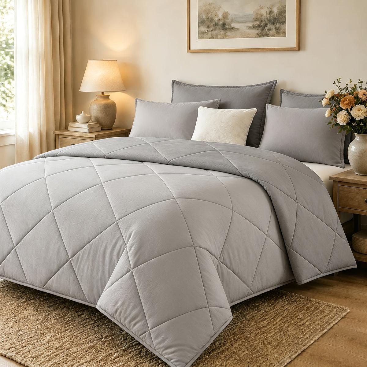 2/3pcs Solid Color Diamond Quilted Large/King Size Bedding, Soft, Comfortable, and Fluffy with Microfiber Filling and Lightweight, Breathable Fabric. Easy to Care for, Warm for All Seasons. Includes Comforter and Pillowcases. Luxurious Quality