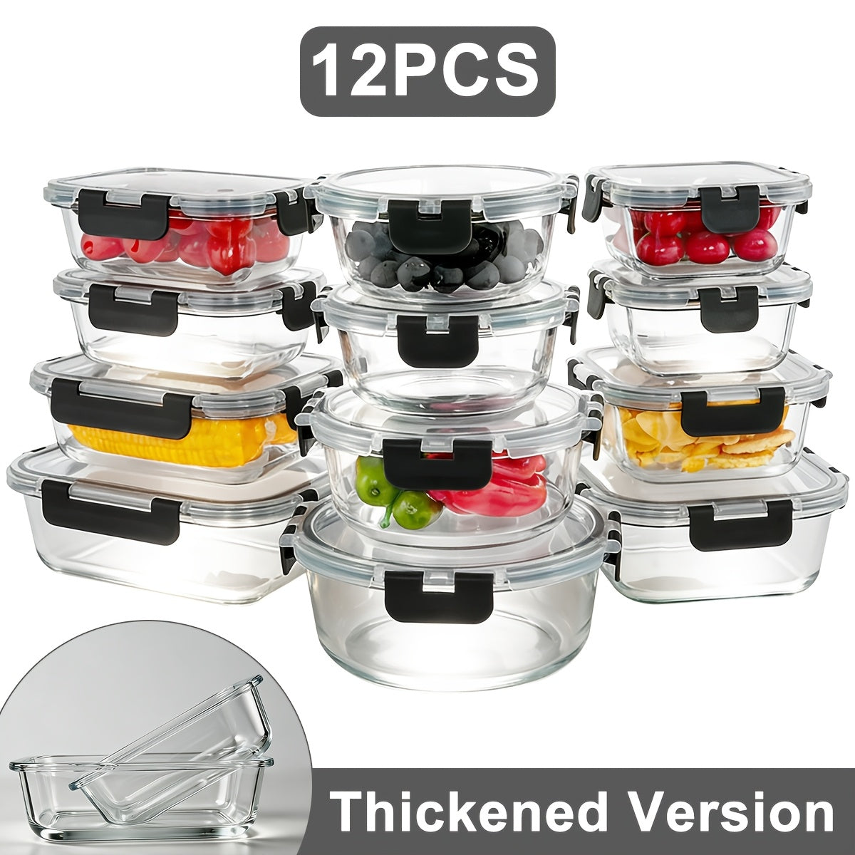 12pcs Thickened Glass Food Storage Containers with Lids Meal Prep Pantry Kitchen Storage Containers for Lunch Leak-Proof Airtight Glass Lunch Bento Boxes for Microwave Oven Freezer And Dishwasher