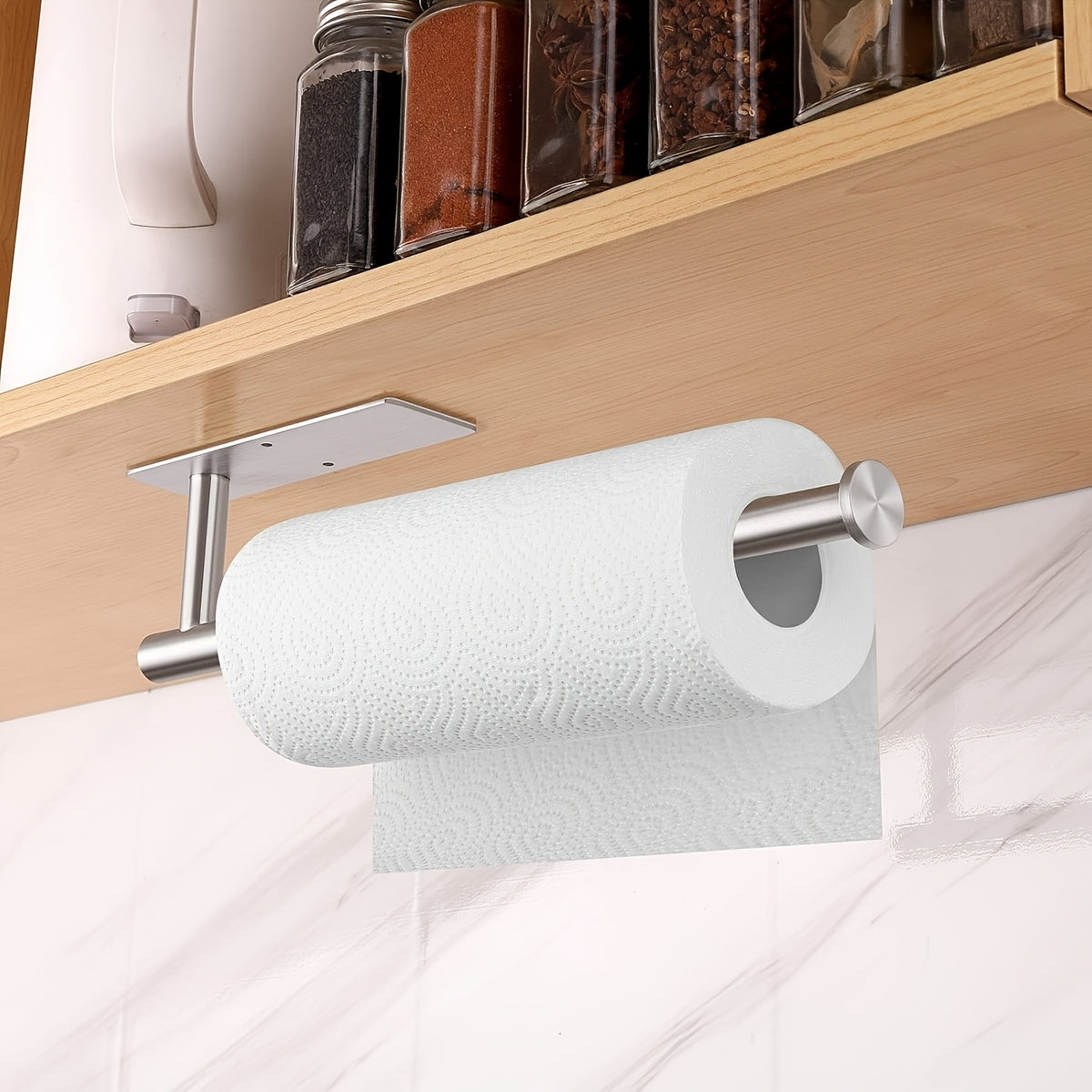 Under Cabinet Paper Towel Holder, SUS304 Stainless Steel Wall Mounted Roll Rack with Adhesive or Screw Installation in Gold Silver or Black