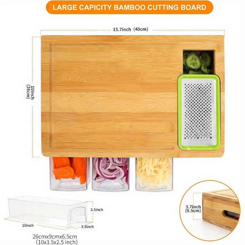 One Durable Bamboo Cutting Board Featuring Four Drawers Or Two Stainless Steel Trays, Designed with a Food Sliding Opening. This Carving Board Comes with Trays for Food Storage, Transport, And Easy Cleanup, Making It an Ideal Christmas Gift