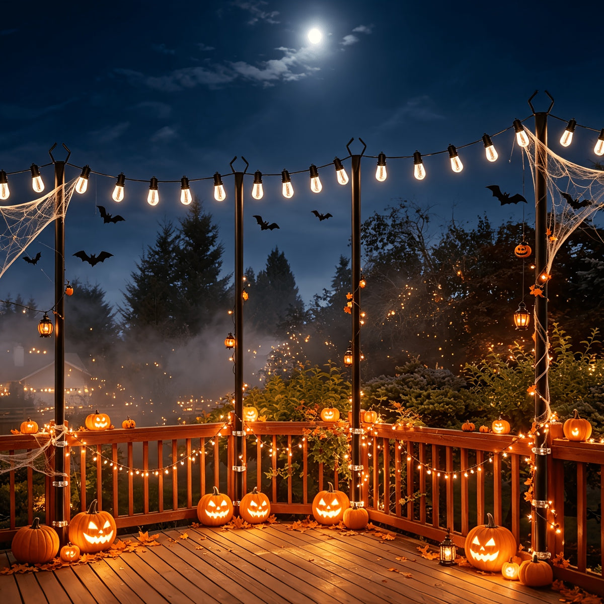 4 Pack 11.1FT String Light Poles With Metal Ground Stake, Heavy Duty Rustproof Metal Light Stand For Outdoor Garden Backyard Deck, Fall Autumn Harvest & Halloween Party Decor, Perfect For Wedding, Patio, Outside Holiday String Lights Support Poles