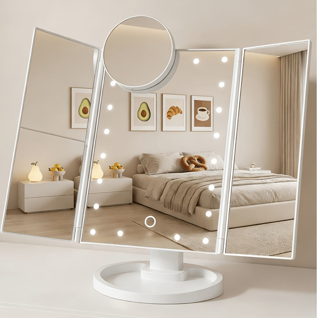 Makeup Mirror with Lights, Tri-Fold LED Vanity Mirror Touch Screen, 1X 2X 3X 10X Magnifying, Adjustable Base, Travel Mirror for Desk, Gift for Women, Rose Golden/Black