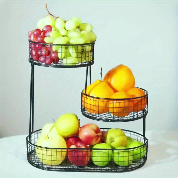 Large Capacity 3-Tier Black Metal Fruit Basket, Efficient Kitchen Organization, Perfect for Fruits, Vegetables, Bread, Snacks